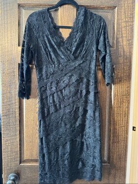 MARINA Black Lace Surplice Midi Dress
